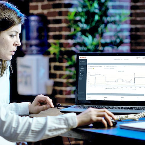 Woman sits at the computer and analyzes the temperature curve.
