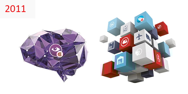 2011 Auf der linken Seite des Bildes ist ein künstliches Gehirn zu sehen, auf der rechten Seite einzelne Blöcke, die in der Luft schweben.