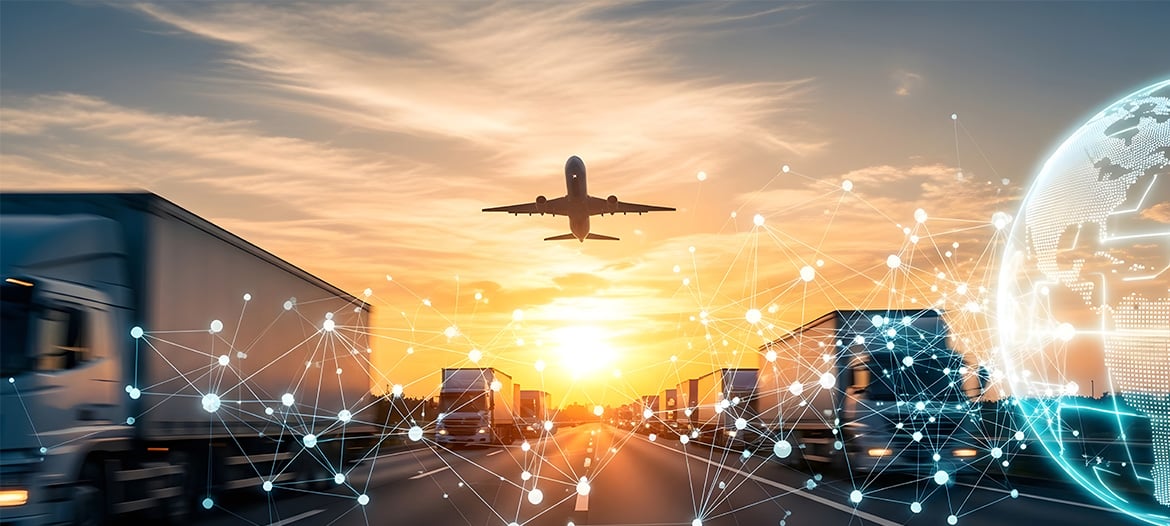 Trucks driving on a highway at sunset with an airplane flying overhead, overlaid with a digital network of connected nodes and a globe, symbolizing global logistics, connectivity, and data-driven supply chains.
