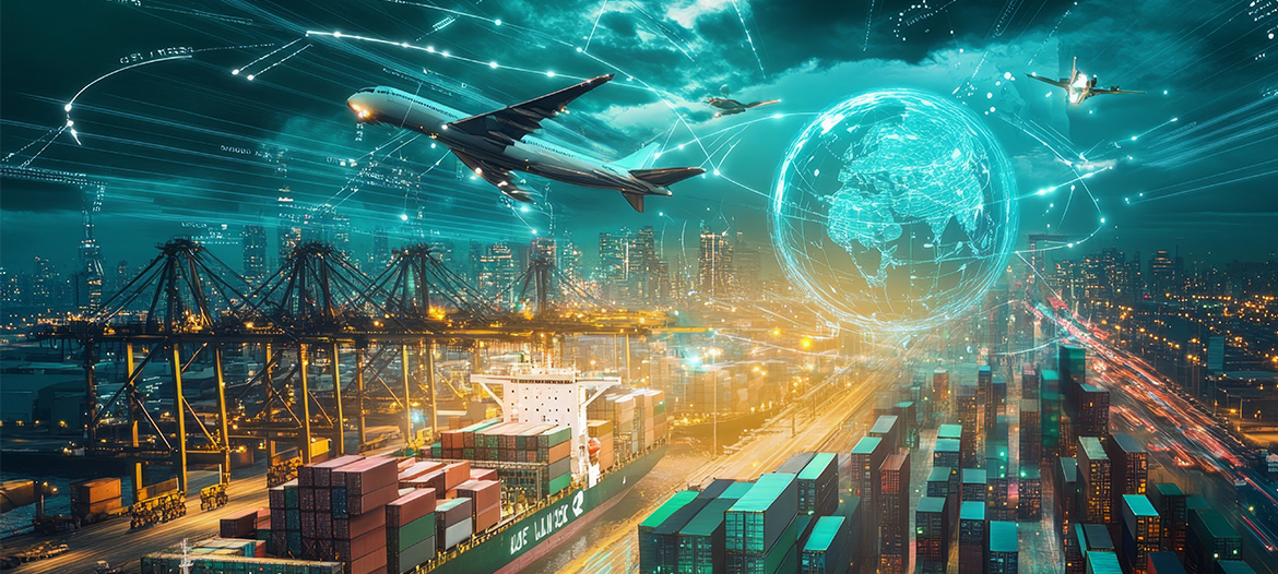 Digitalized global supply chain featuring a container vessel, cargo terminal, and aircraft. A virtual globe and real-time data connections illustrate visibility, connectivity, and supply chain monitoring across international pharmaceutical logistics networks.