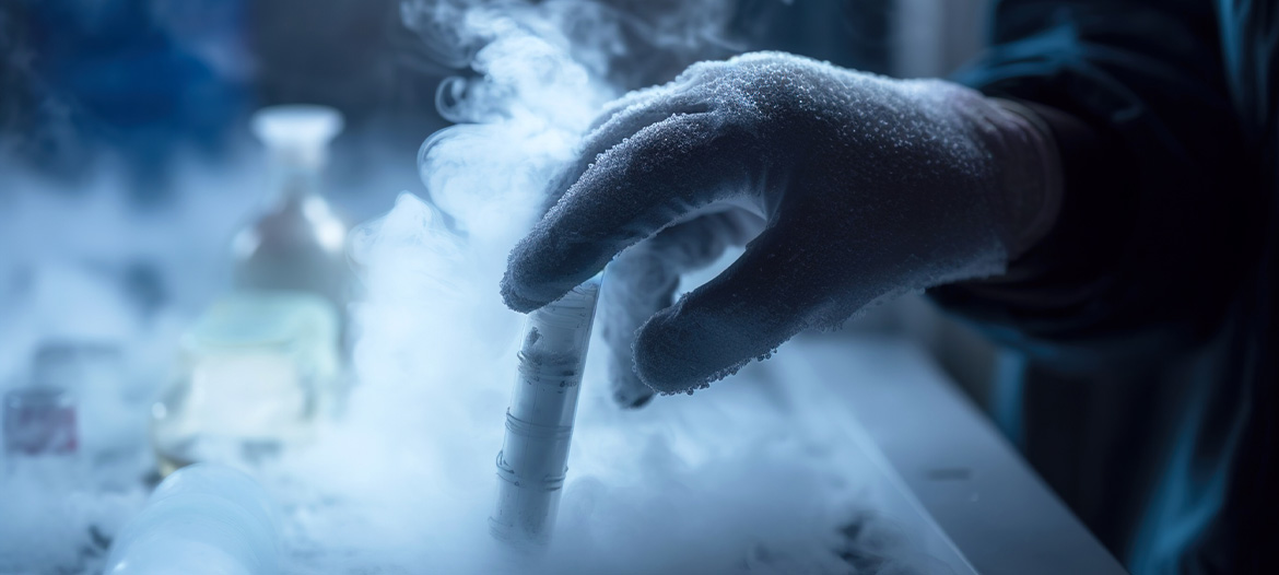 Nahaufnahme einer behandschuhten Hand, die ein Probenröhrchen aus einer Kryolagerung entnimmt, umgeben von kaltem Nebel. Das Bild veranschaulicht den Schutz und die Überwachung temperatursensibler biologischer Proben in Laboren und Biobanken.