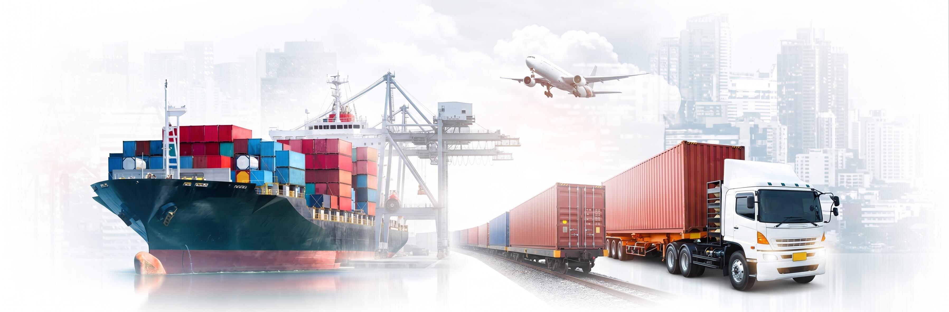 Container ship, cargo train, truck, and airplane illustrating a global multimodal transportation and logistics network.
