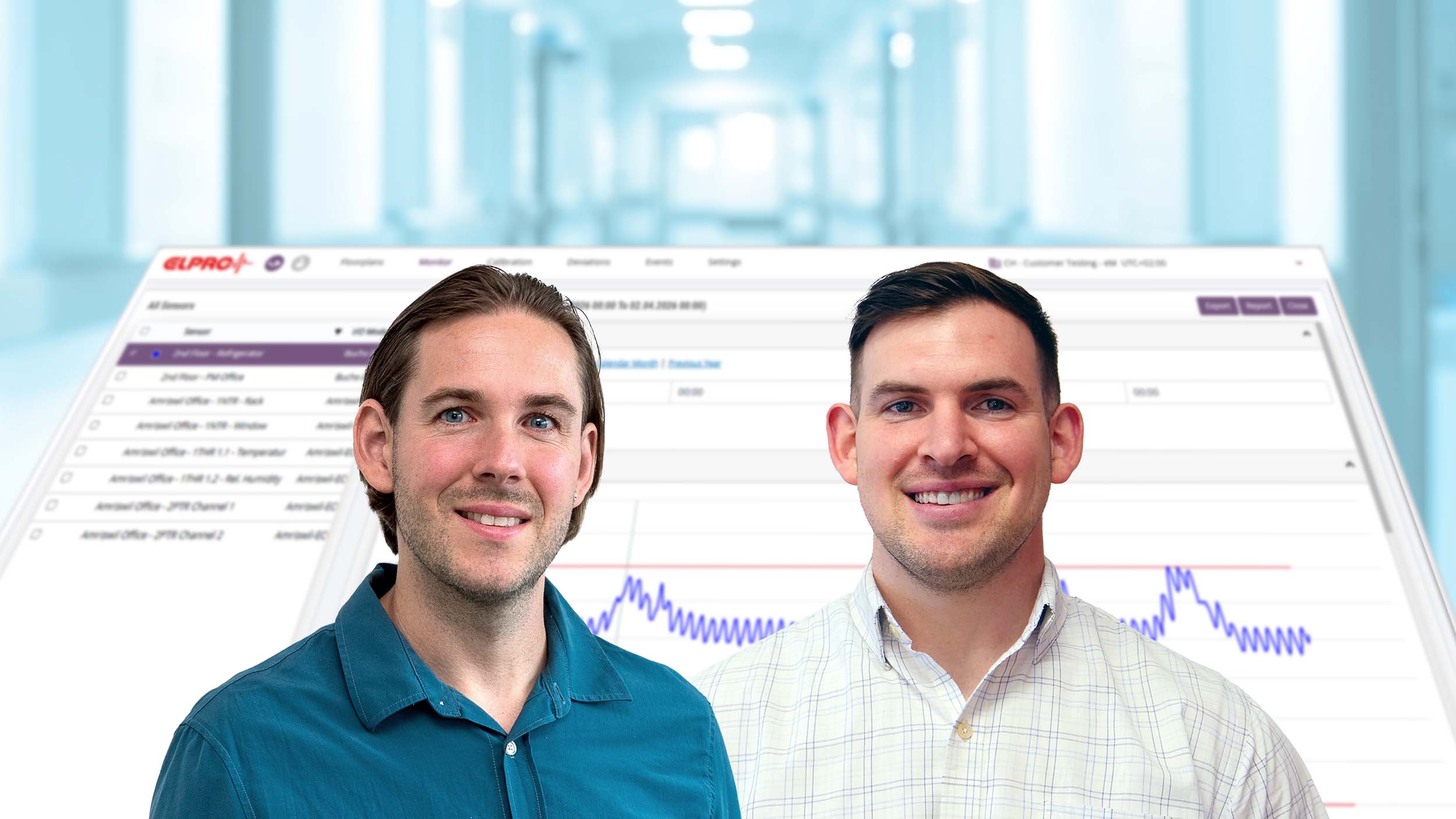 Two Men smiling at the camera with background of the software surface