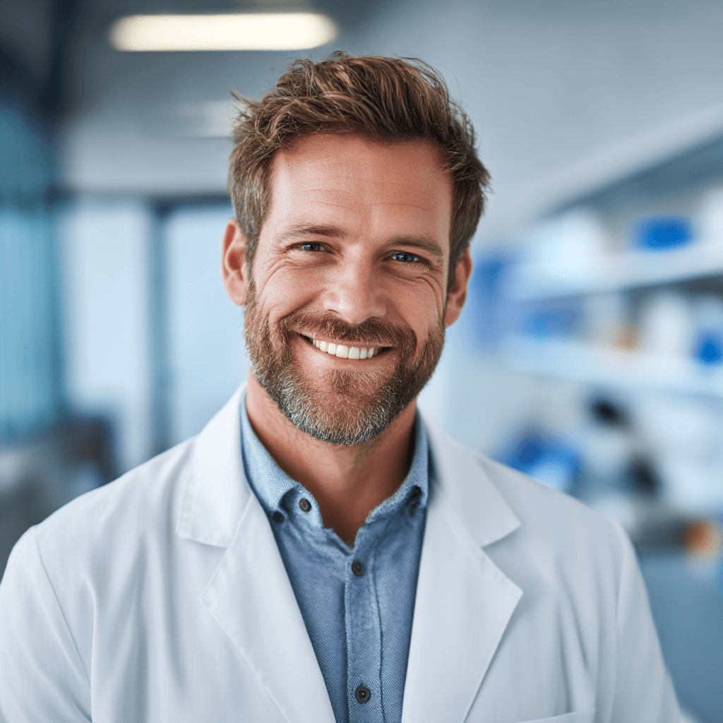 Man in lab coat smiles at the camera