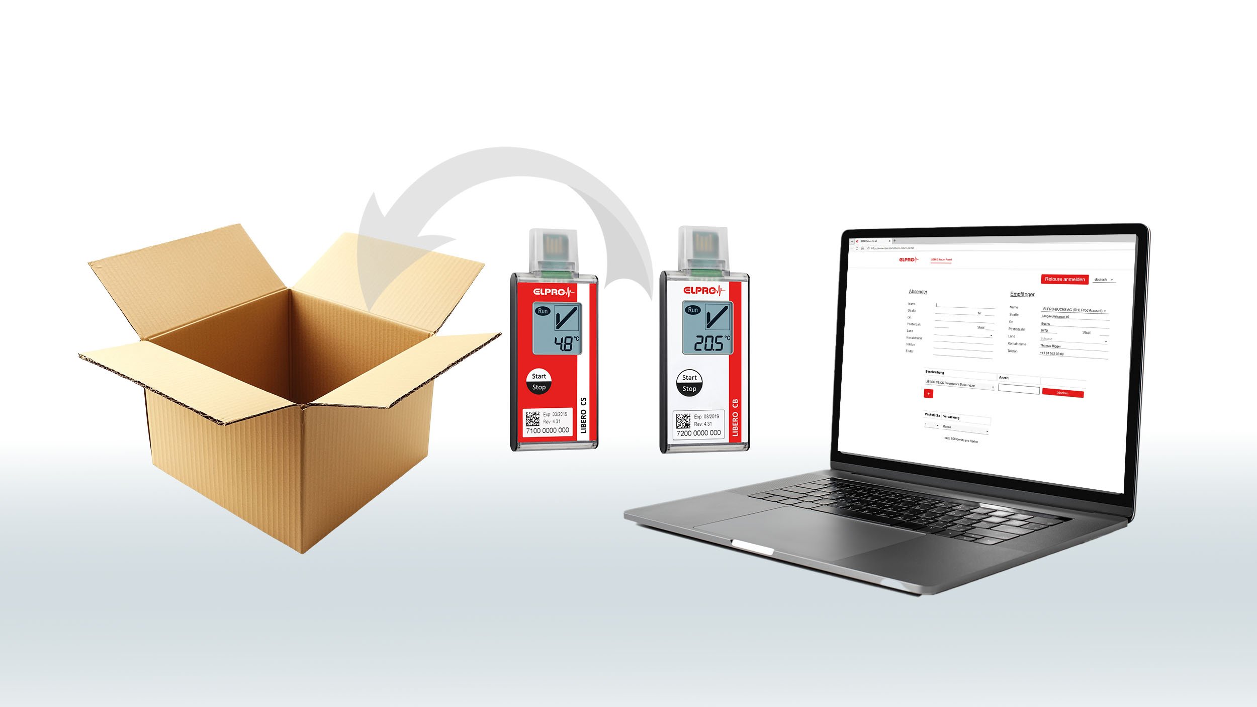 An empty cardboard box and two data loggers are next to a laptop. 