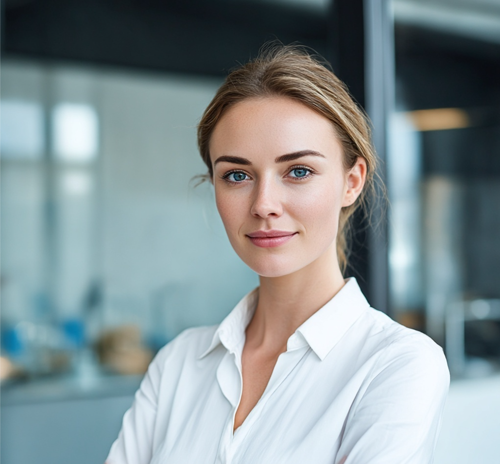 GxP-Consulting Woman in white blouse smiles into the camera.