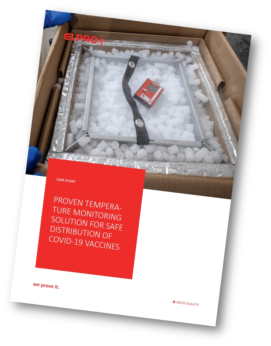 Measuring device lies on ice pellets in a cool box with vaccines.	