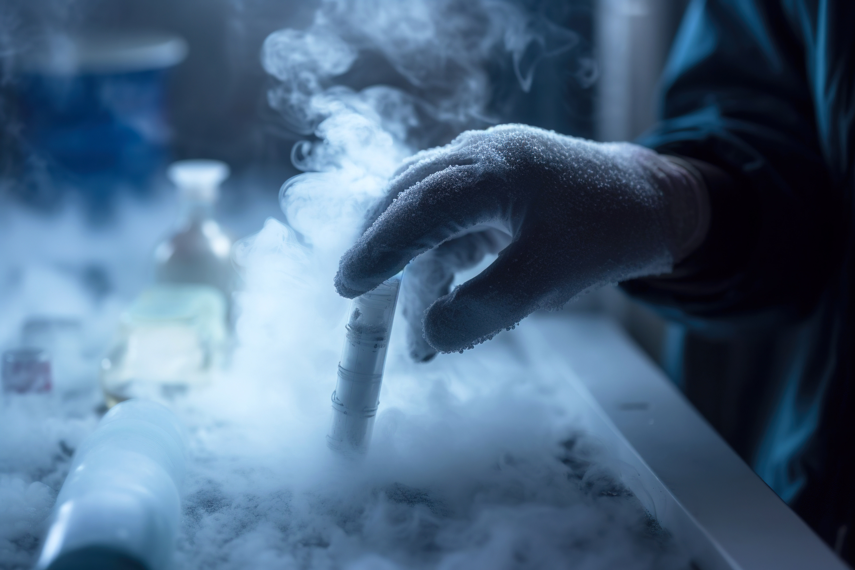 Laboratory technician wearing a cold glove removes test vials from a cryogenic container.