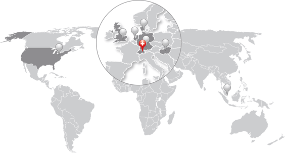 Gray world map on which red arrows mark the various locations.
