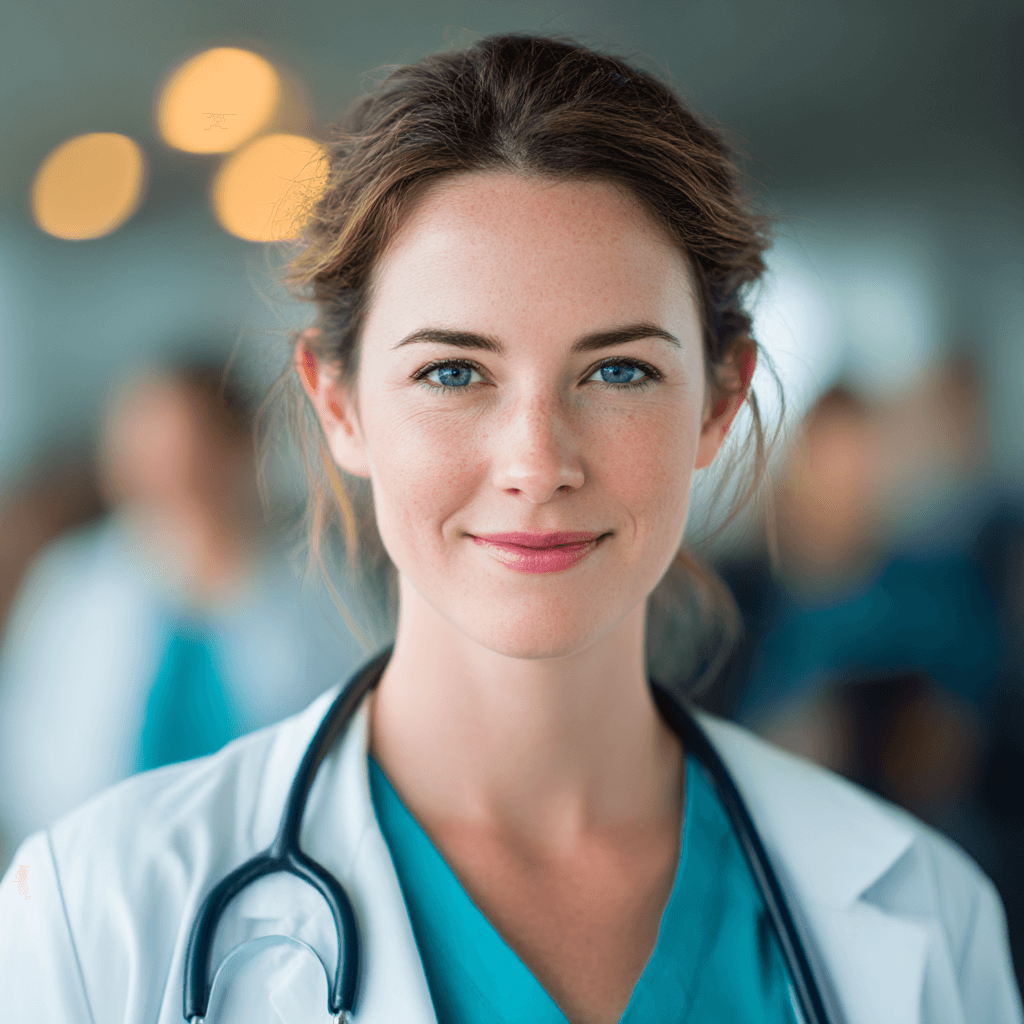 Ärztin in einem weissen Kittel mit einem Stethoskop lächelt in die Kamera.