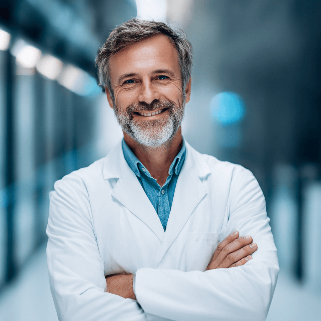 Man in lab coat smiles at the camera
