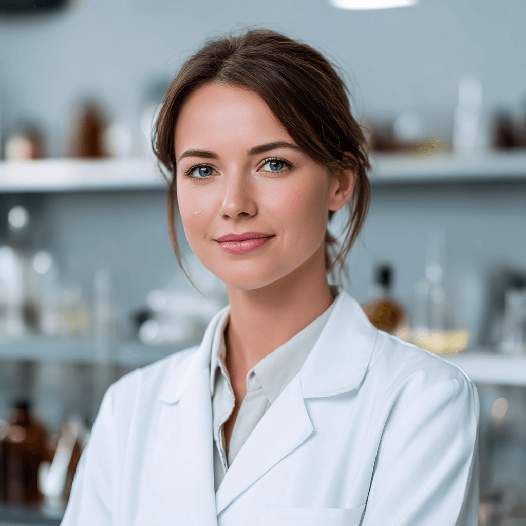 A beautician in a lab coat smiles at the camera.