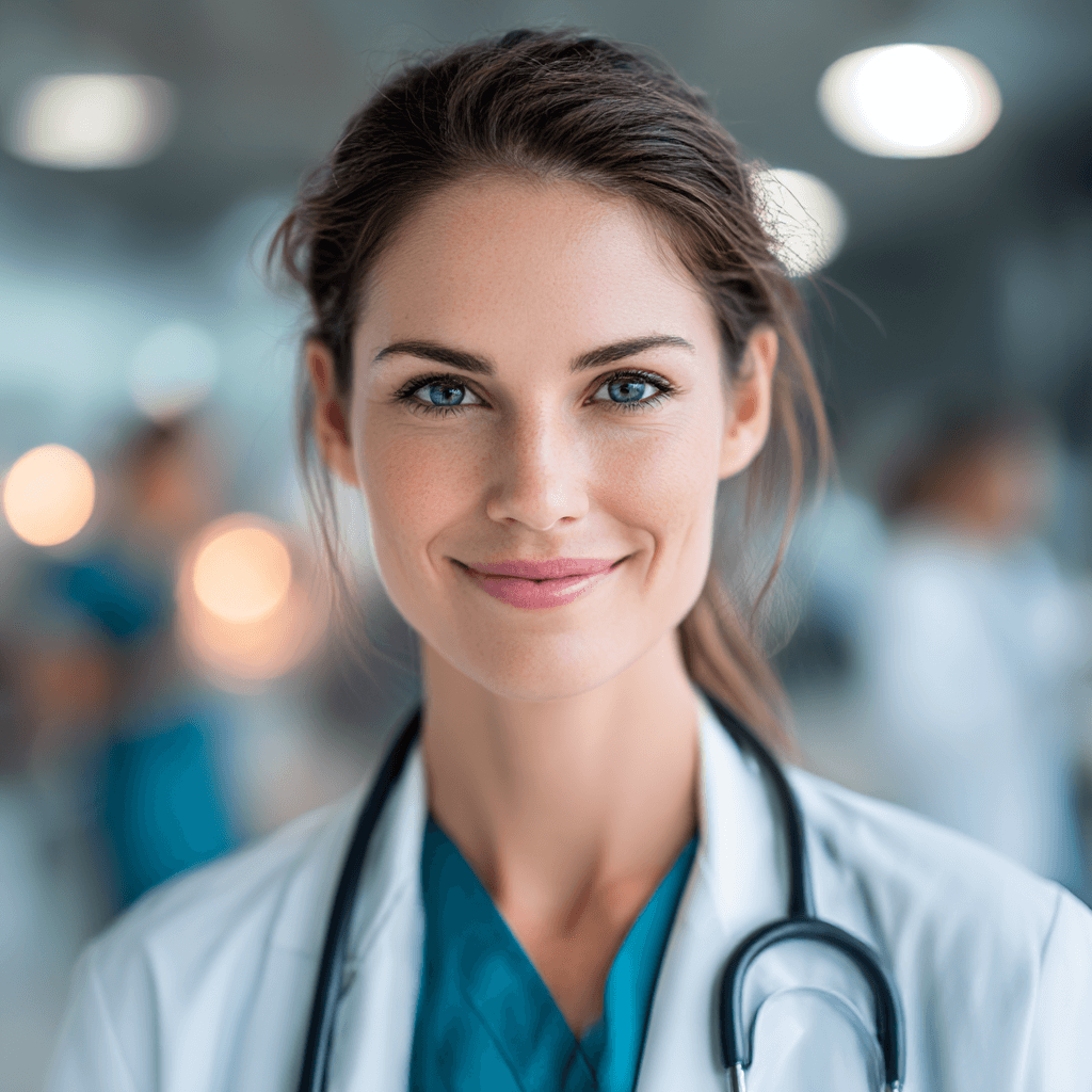 A doctor in a white coat with a stethoscope smiles at the camera