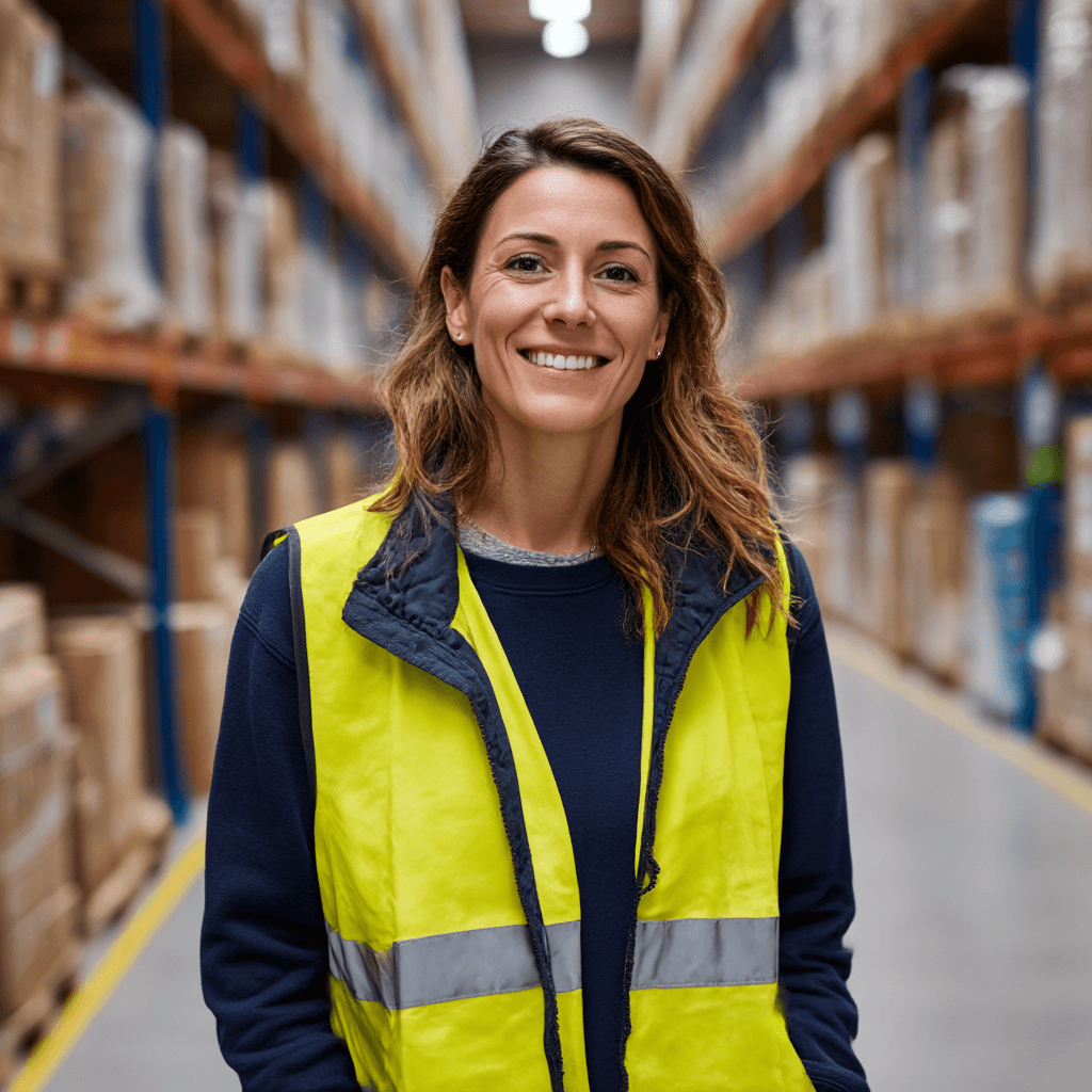 A warehouse employee in a fluorescent vest stands in the warehouse and smiles at the camera