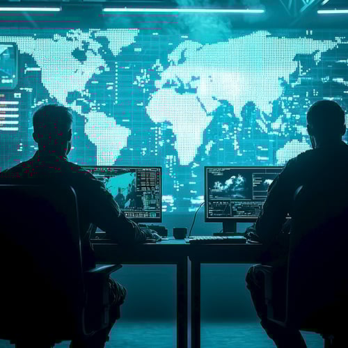 Two people in the surveillance room with a view of the digital world map.