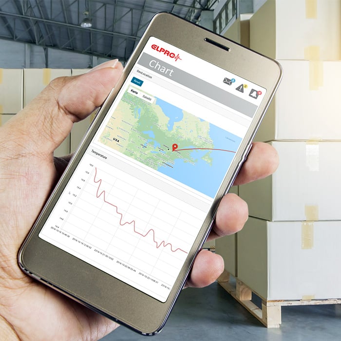 Cell phone screen shows map with tracking of the shipment.