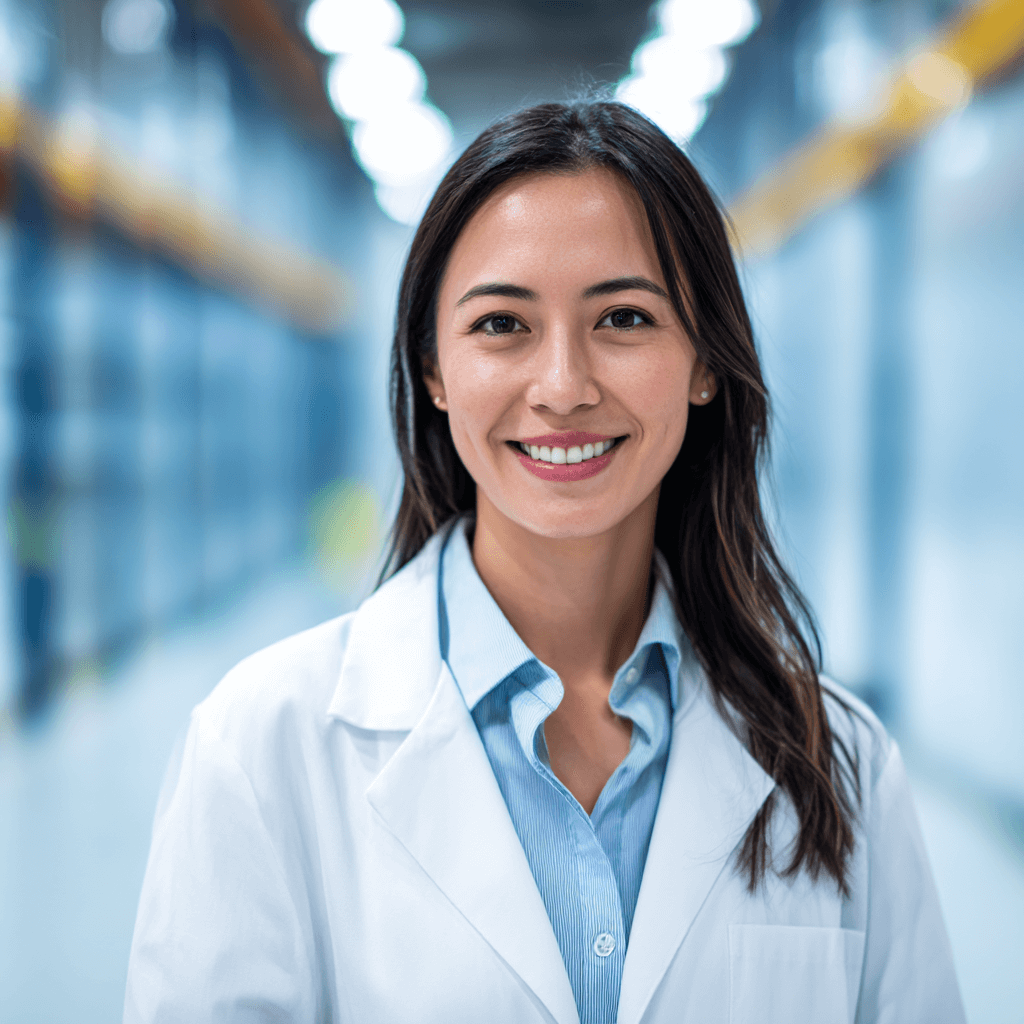Doctor in a white coat smiles at the camera.