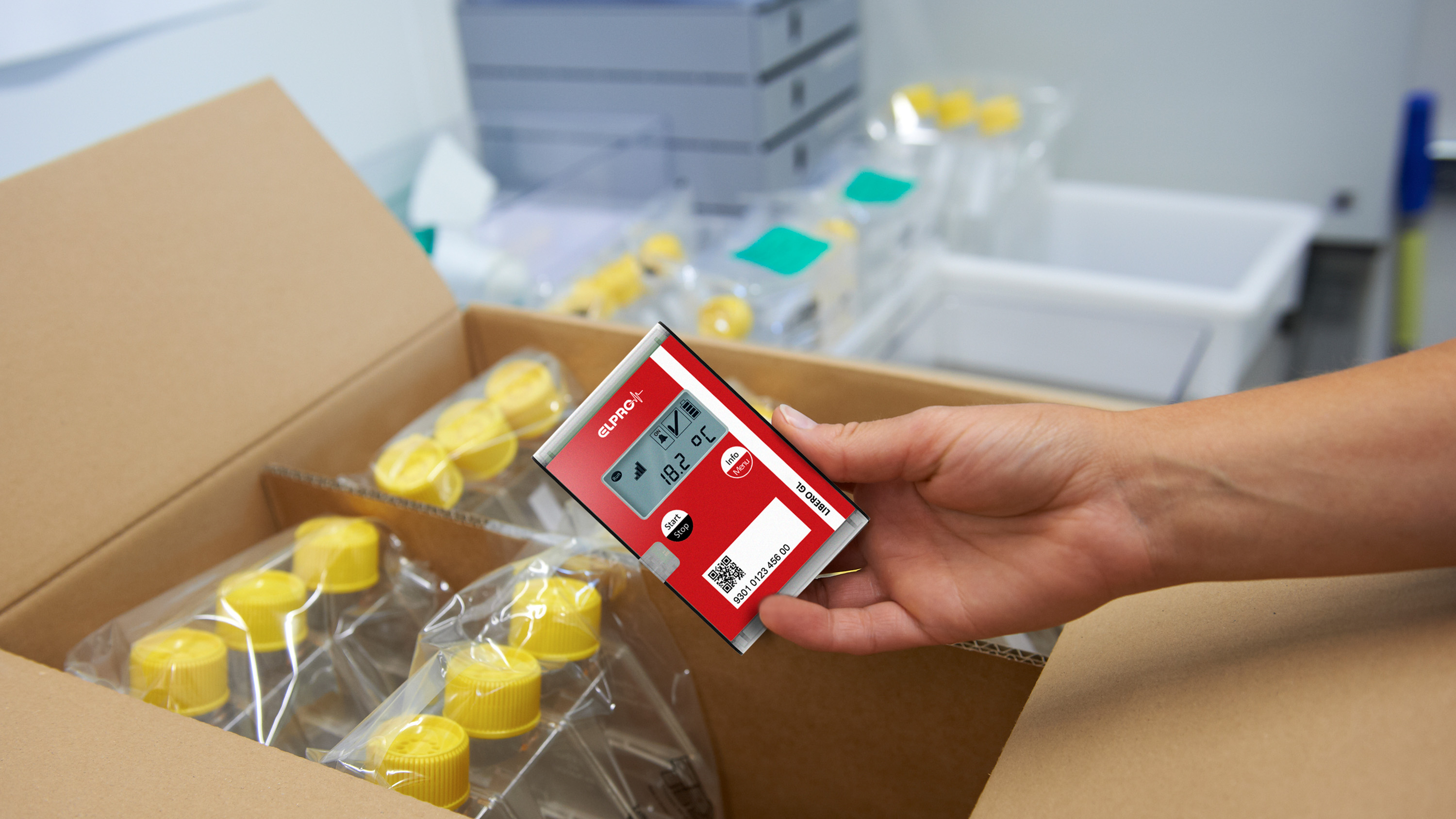 ELPRO LIBERO G real-time data logger for monitoring temperature and position is placed into a shipping container for pharmaceutical products