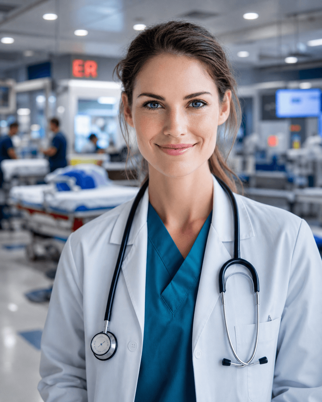 A doctor in a white coat with a stethoscope smiles at the camera_