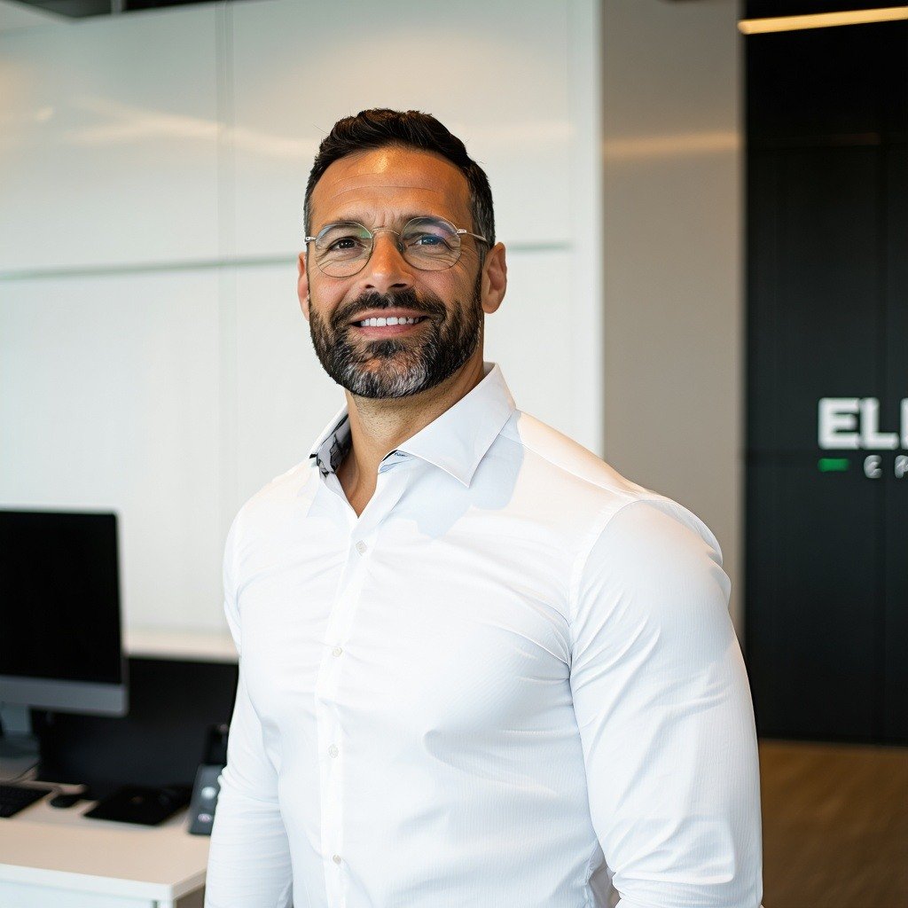 A sympathetic, authenticlooking person who exudes trustworthiness and professionalism, standing in a clean and modern environment directed to ELPRO-2