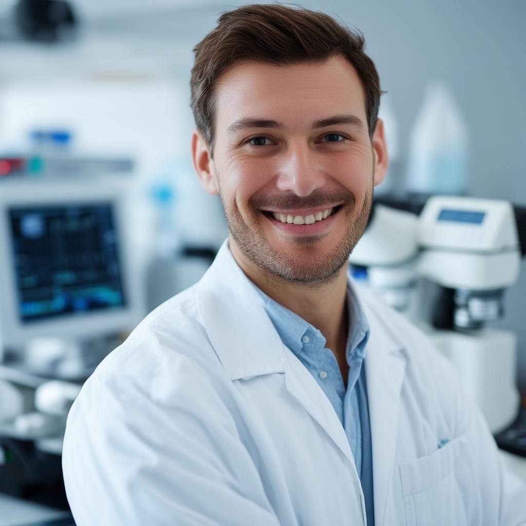 A sympathetic, authenticlooking person who exudes trustworthiness and professionalism, standing in a clean and modern environment related to clinical-3