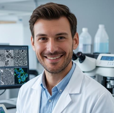A sympathetic, authenticlooking person who exudes trustworthiness and professionalism, standing in a clean and modern environment related to clinical
