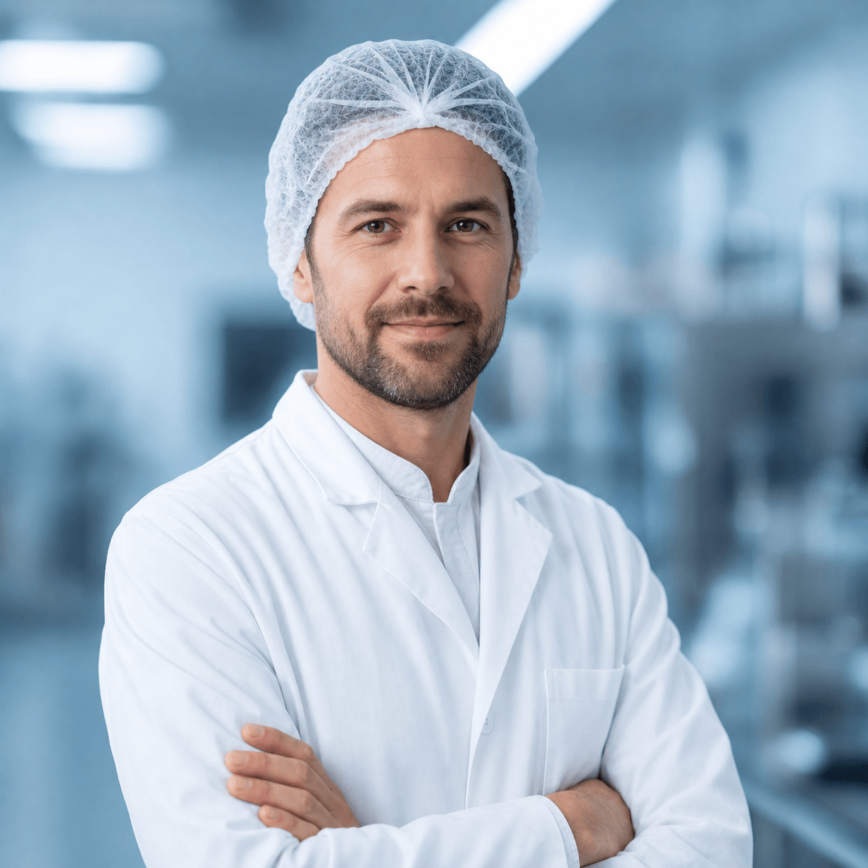 Eine Labortechniker mit Mütze lächelt in die Kamera
