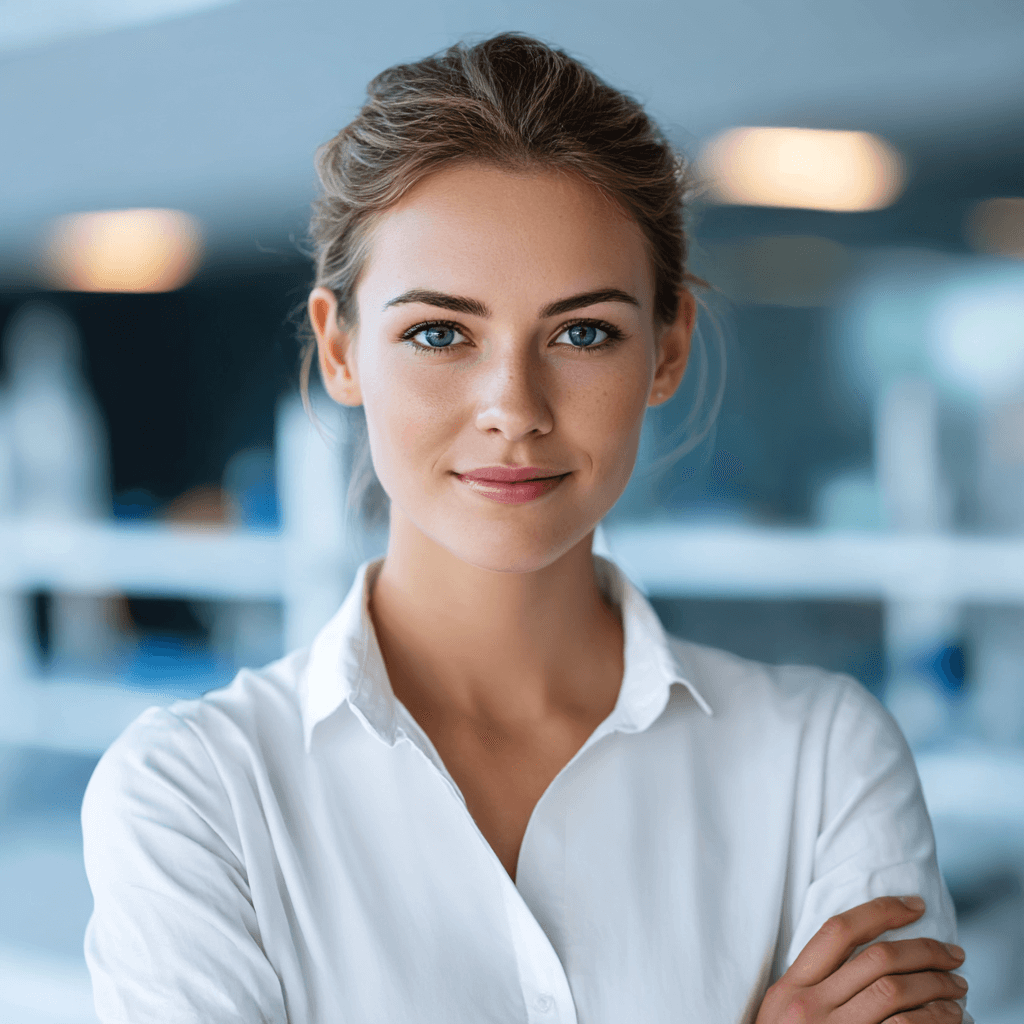 Pharmacist wearing a white lab coat in a modern pharmaceutical laboratory environment