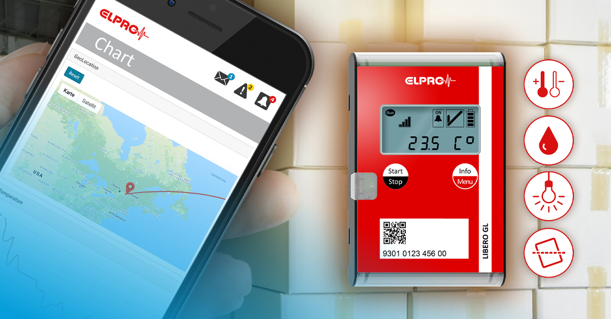 Smartphone mit einer Überwachungs-App, die eine Weltkarte mit Standortmarkierung zeigt, verbunden mit einem roten ELPRO-Temperatur-Datenlogger an einer Wand. Das Gerät hat ein Display mit der Anzeige 23,5 °C sowie Symbole für Temperatur-, Feuchtigkeits-, Alarm- und Neigungsüberwachung.