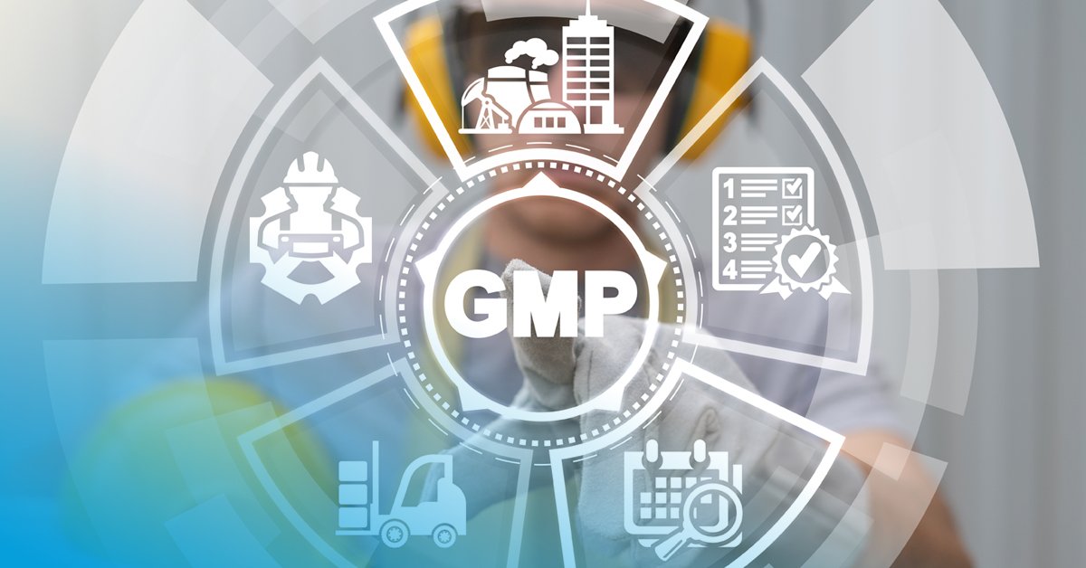 Worker wearing safety gear interacting with a digital GMP (Good Manufacturing Practice) interface showing quality control, manufacturing, logistics, and scheduling icons.